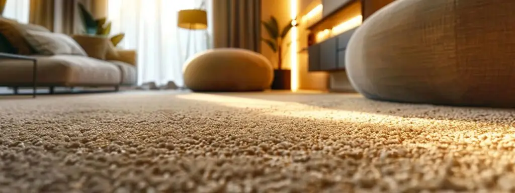 a spacious rental property showcasing a luxurious, durable carpet in an elegantly furnished living area, illuminated by soft overhead lighting that enhances the rich texture and color of the flooring.