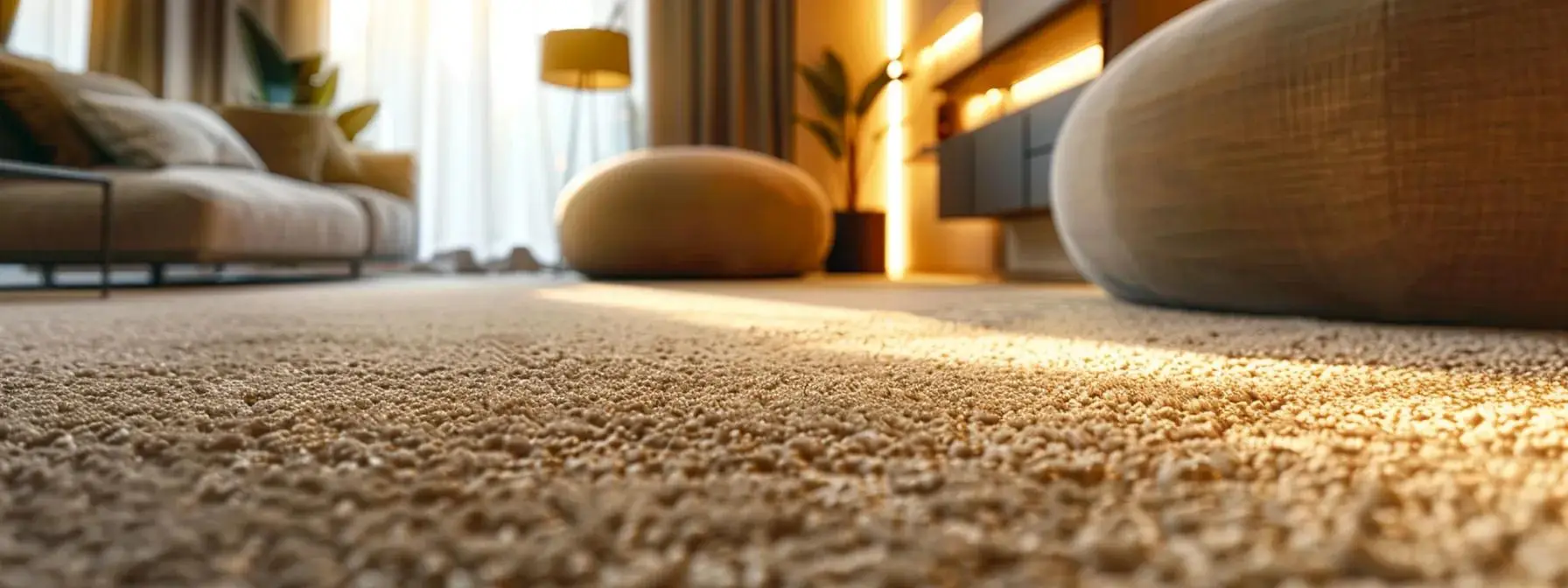 a spacious rental property showcasing a luxurious, durable carpet in an elegantly furnished living area, illuminated by soft overhead lighting that enhances the rich texture and color of the flooring.