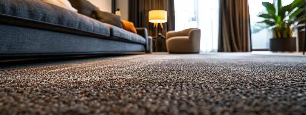 a stylish, modern rental property interior showcases vibrant harwearing carpet, highlighting its durability and aesthetic versatility, with sleek furnishings and warm lighting creating an inviting atmosphere for prospective tenants.