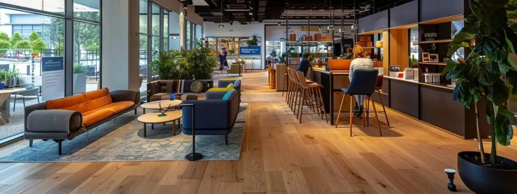 a vibrant and inviting showroom at hornsby’s flooring store displays an array of stylish flooring options, showcasing flooring experts engaged in dynamic consultations with customers, surrounded by samples that highlight various textures and design aesthetics.