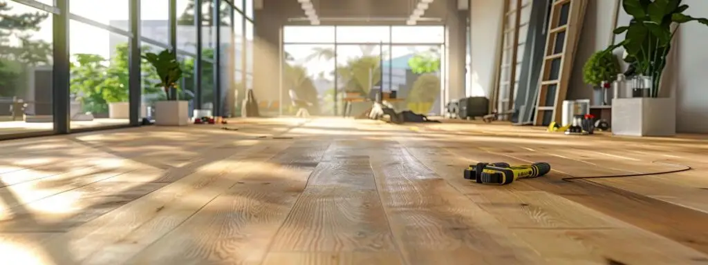 a vibrant interior shot of a modern office space showcasing newly installed hardwood flooring, with professional tools and materials neatly arranged, emphasizing precision and quality in floor replacement services.