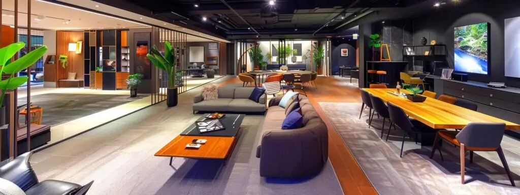 a vibrant, well-organized flooring showroom in hornsby showcases an array of luxurious carpets and sleek vinyl flooring under bright, professional lighting, inviting customers to explore the stylish installation options available.