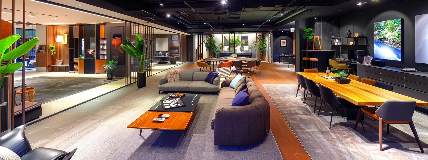a vibrant, well-organized flooring showroom in hornsby showcases an array of luxurious carpets and sleek vinyl flooring under bright, professional lighting, inviting customers to explore the stylish installation options available.