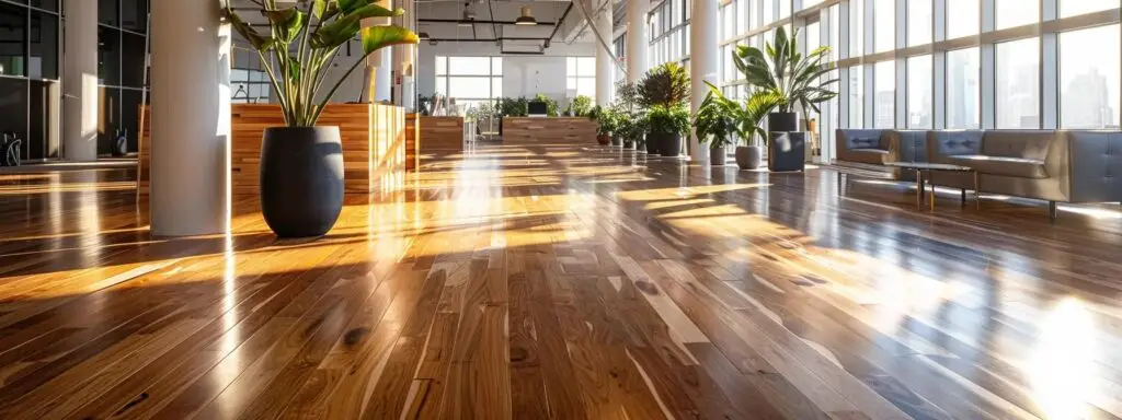 a well-lit, modern office space showcases a professional floor repair expert meticulously measuring and inspecting a polished hardwood floor, highlighting their precision and expertise in floor renovations.