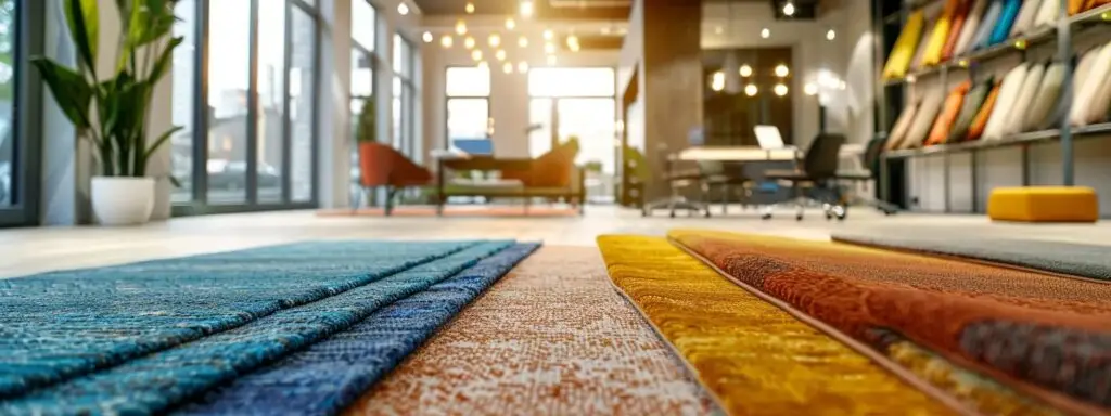 an elegantly designed office space showcases a professional consultation between a carpet expert and a homeowner, featuring an array of vibrant carpet samples spread across a stylish conference table, illuminated by soft, focused lighting that accentuates the textures and colors of the carpeting options.