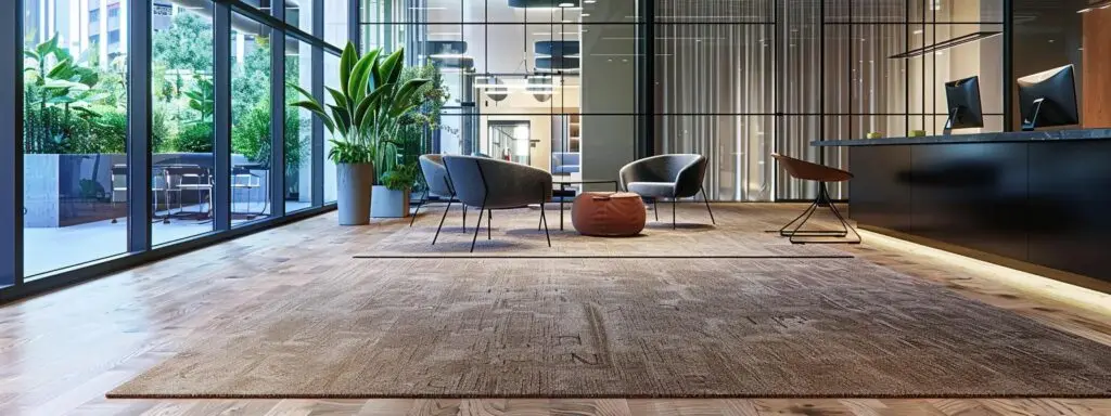 an elegantly designed office space showcases striking harwearing carpet in rich tones, emphasizing its durability and aesthetic appeal against contrasting sleek hardwood flooring, highlighting the benefits of carpet in a high-traffic rental environment.