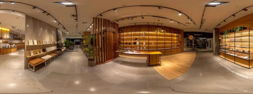 a bright, inviting flooring showroom displays an array of meticulously arranged samples, showcasing various textures and finishes under strategically placed modern lighting, with knowledgeable sales associates ready to engage with customers.