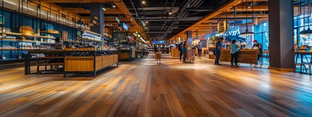 a bustling urban flooring shop showcases a diverse array of high-quality flooring options, with knowledgeable staff engaging with customers amid vibrant displays of engineered wood and modern tile designs, all under bright, focused lighting that highlights the textures and colors of the products.