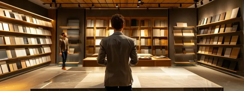 a sleek, modern flooring showroom displays a variety of high-quality flooring materials, with an attentive installation expert reviewing detailed project estimates and showcasing a portfolio of completed installations on a polished conference table under bright, focused lighting.