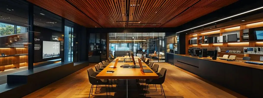 a sleek, modern office with an expansive table displays a variety of flooring samples, detailed price tags, and in-depth product comparison charts, all illuminated by soft, overhead lighting to emphasize the range of materials from engineered wood to tile.