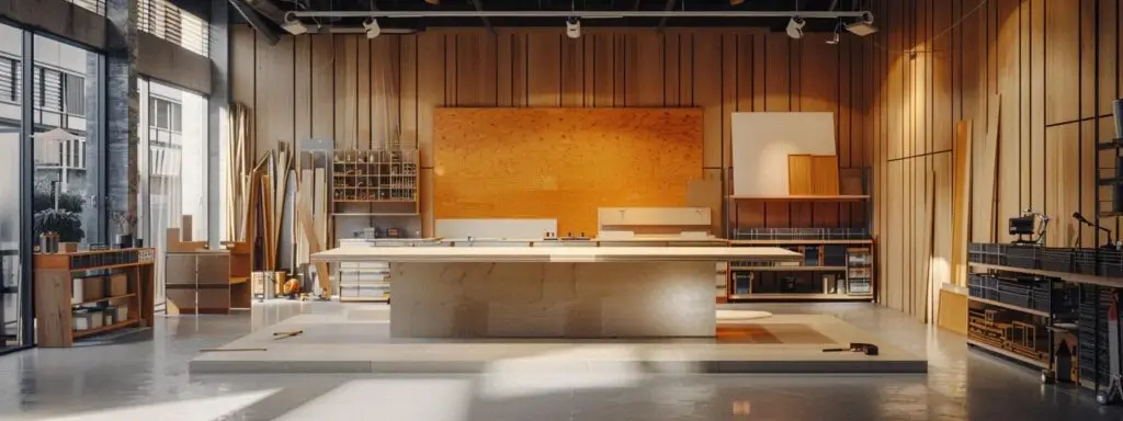 a sleek, modern workshop setting showcases a professional-grade floating timber installation in progress, with precision tools and materials neatly arranged, highlighting the meticulous craftsmanship required for a flawless finish.