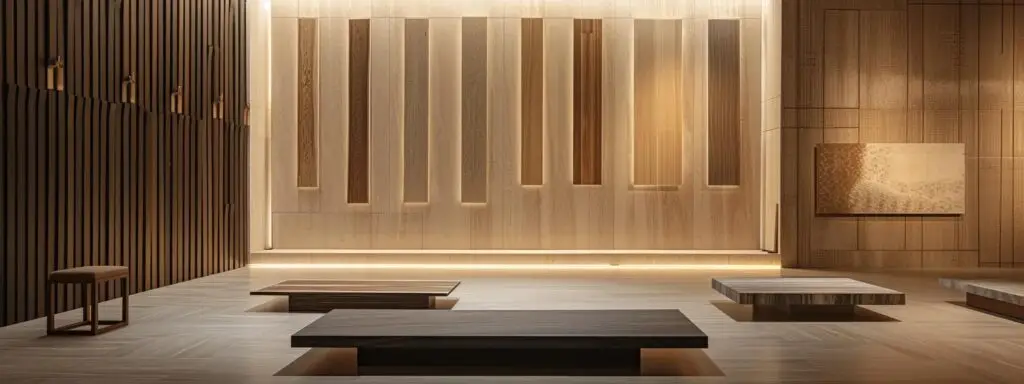 a sophisticated interior design setting showcases an elegant room featuring various floating timber samples—oak, maple, walnut, and bamboo—displayed on a sleek table against a modern backdrop, illuminated by soft, ambient lighting that highlights their unique textures and finishes.