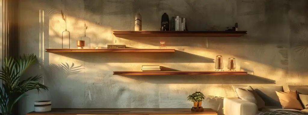 a stylishly modern living room featuring sleek floating timber shelves adorned with minimalist decor, highlighting a harmonious blend of contemporary and traditional design elements in a warmly inviting atmosphere.