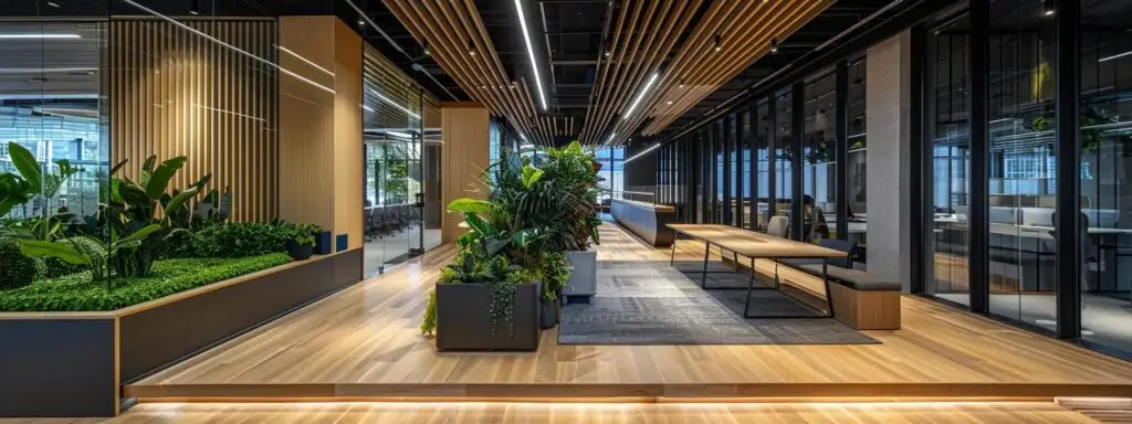 a modern, gleaming office space in brisbane features freshly installed commercial flooring, showcasing a blend of elegant materials that enhance both functionality and aesthetic appeal, illuminated by sharp, artificial lighting.