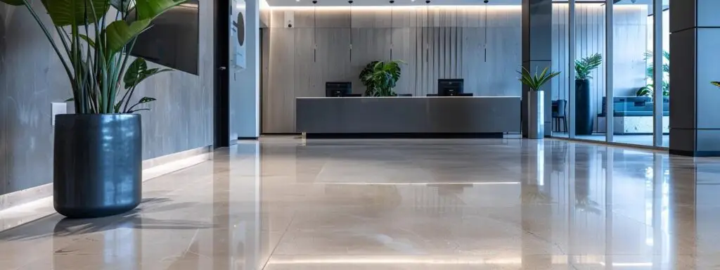 a modern office space showcases a pristine, polished commercial flooring installation, highlighting the expertise of royal floors in a sleek, urban environment of brisbane or sydney.