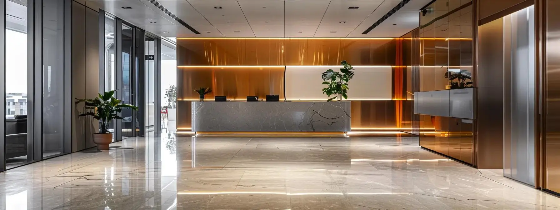 a sleek, modern office interior in sydney showcases a variety of durable commercial flooring options, featuring polished surfaces that reflect subtle ambient lighting and contemporary furniture arrangements.