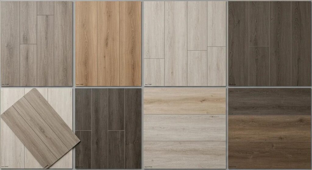 Different types of vinyl flooring samples including Luxury Vinyl Plank, Luxury Vinyl Tile, and Sheet Vinyl