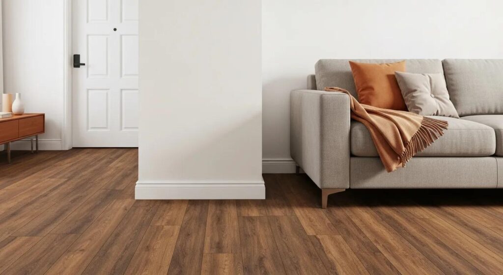 Modern home interior showcasing vinyl and hybrid flooring options in a stylish living room