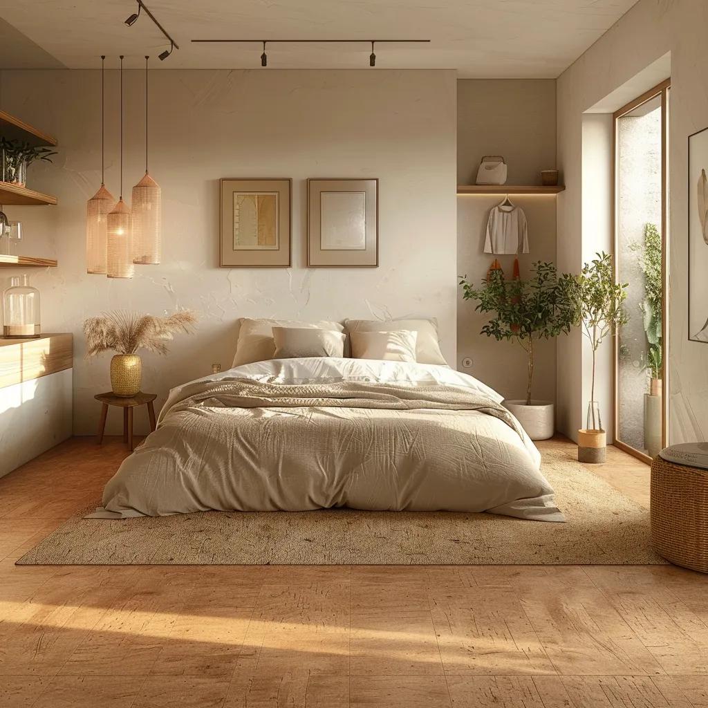 Cozy bedroom with eco-friendly cork flooring, emphasizing comfort and sustainability