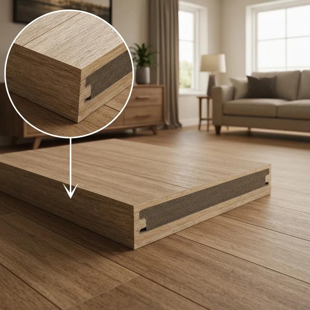 Close-up of hybrid flooring showcasing its rigid core and surface texture in a well-decorated room