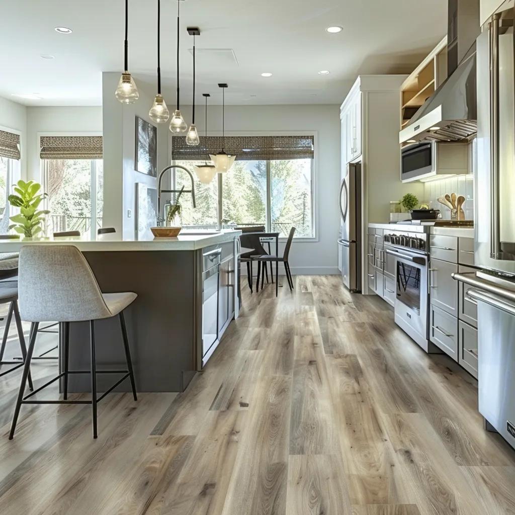 Modern kitchen with luxury vinyl plank flooring, illustrating the benefits of practical and stylish flooring options