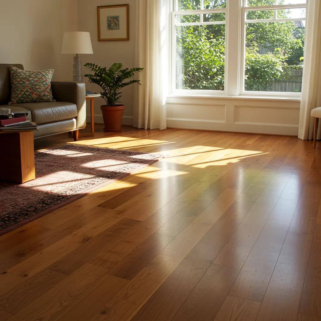 Beautifully maintained timber flooring in a bright living room, showcasing natural wood grain and shine