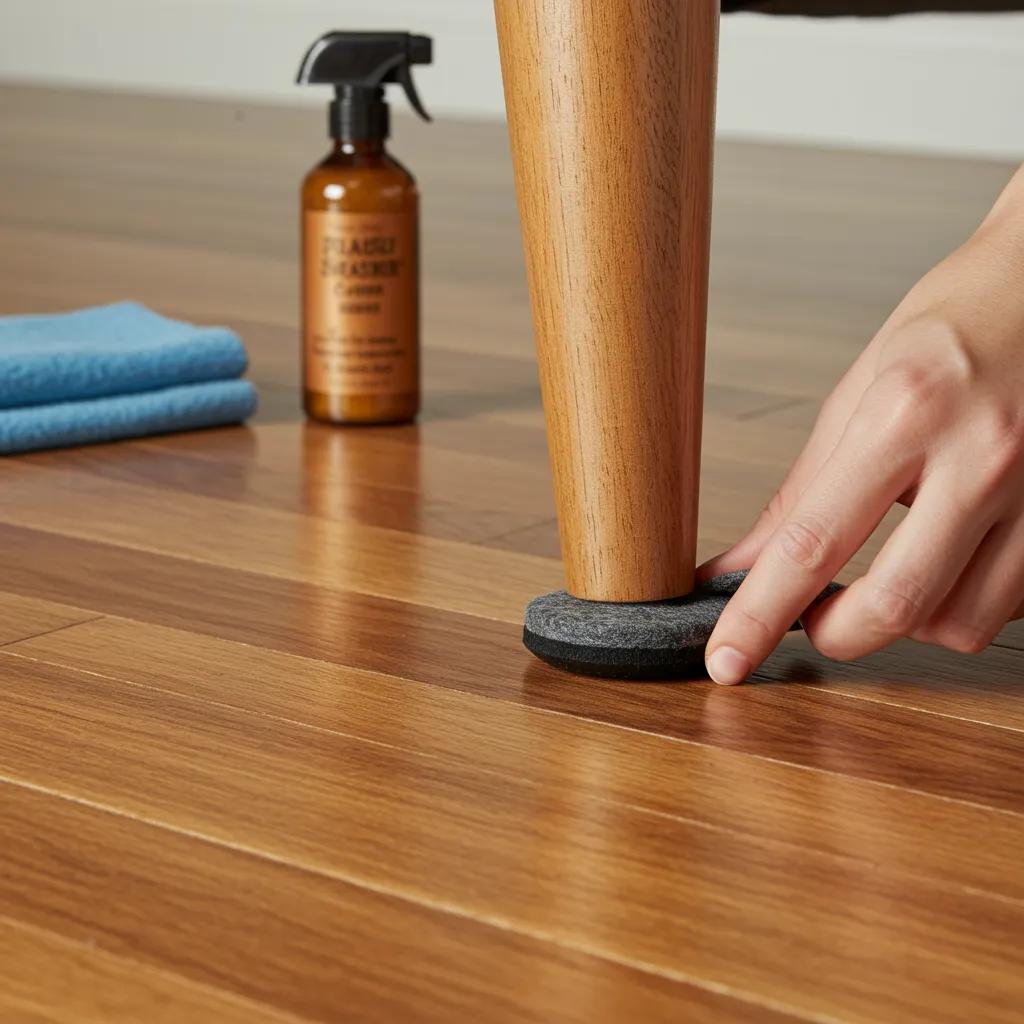Person placing felt pads under furniture legs on a timber floor, demonstrating protective maintenance measures