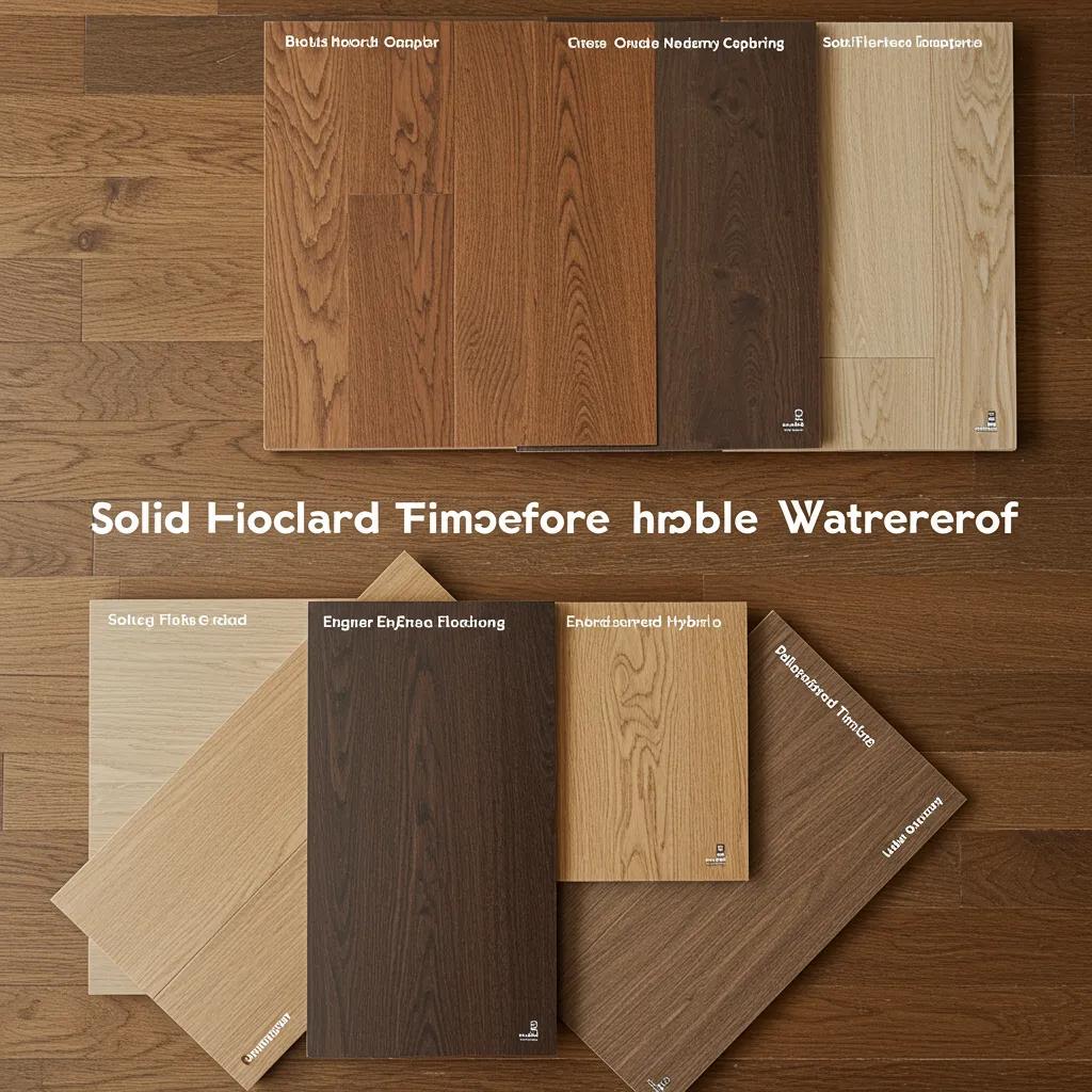 Samples of different types of timber flooring including solid hardwood, engineered, hybrid, and waterproof options