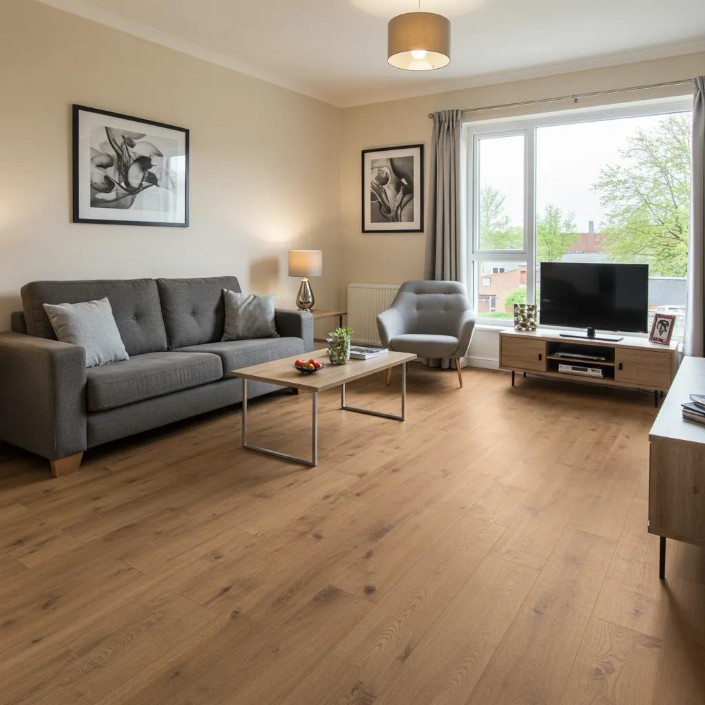 Stylish rental apartment with laminate flooring, emphasizing modern design and tenant appeal