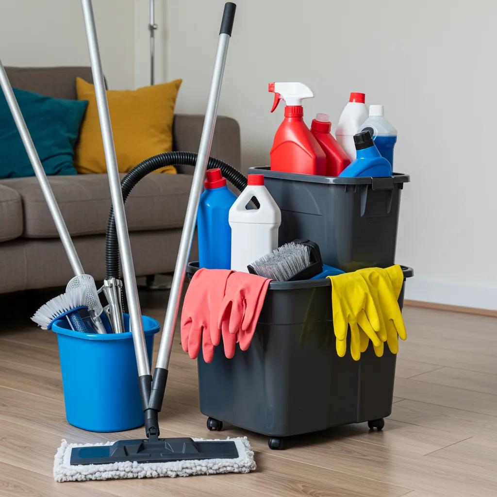 Cleaning supplies arranged for flooring maintenance, emphasizing best practices for longevity