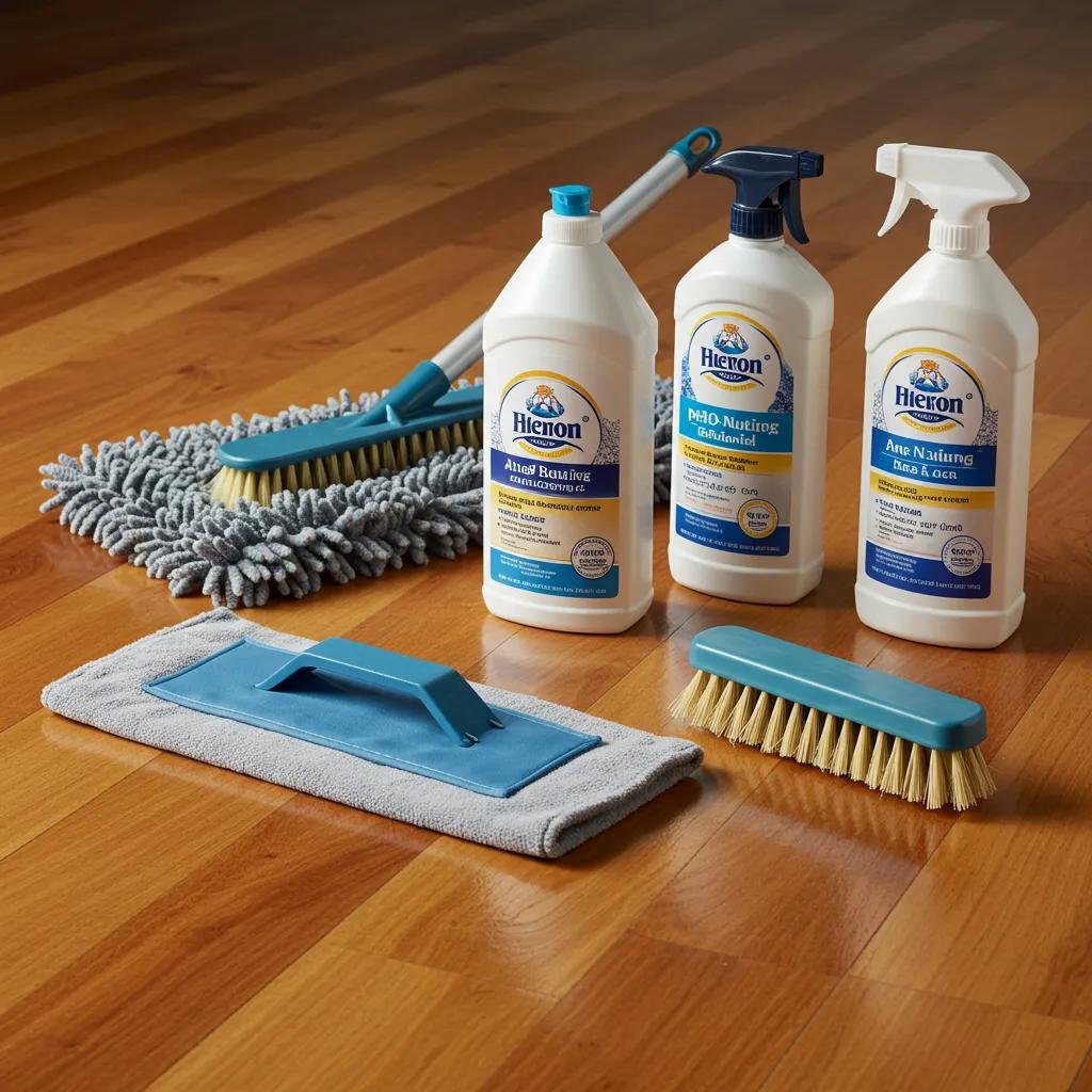 Cleaning tools for timber flooring care, including a microfiber mop and pH-neutral cleaner on a polished wood floor