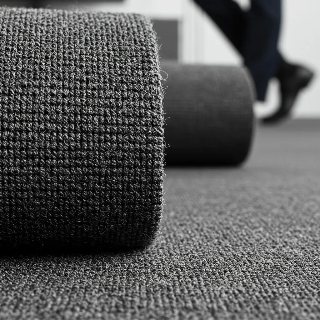 Close-up of nylon carpet fibers in a commercial office setting highlighting durability and texture