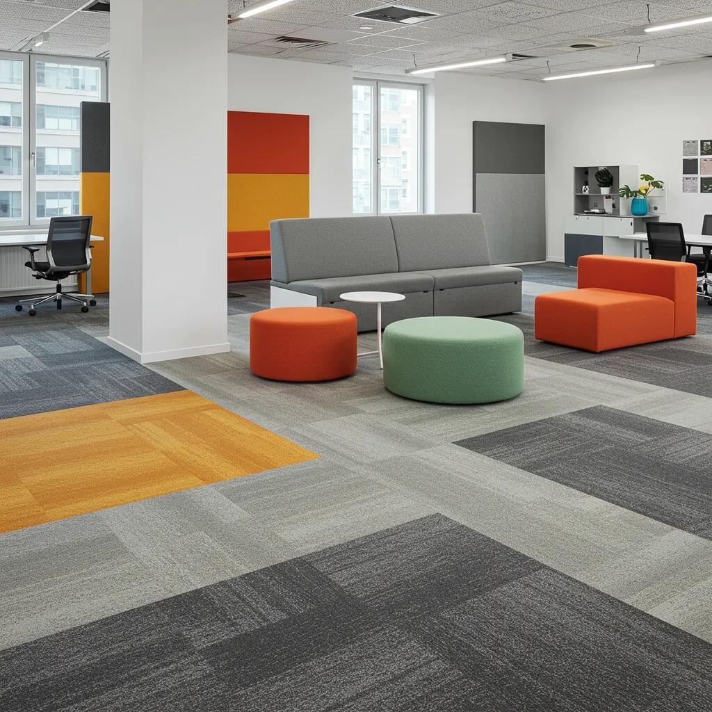 Commercial office space with diverse carpet flooring showcasing durability and aesthetic appeal