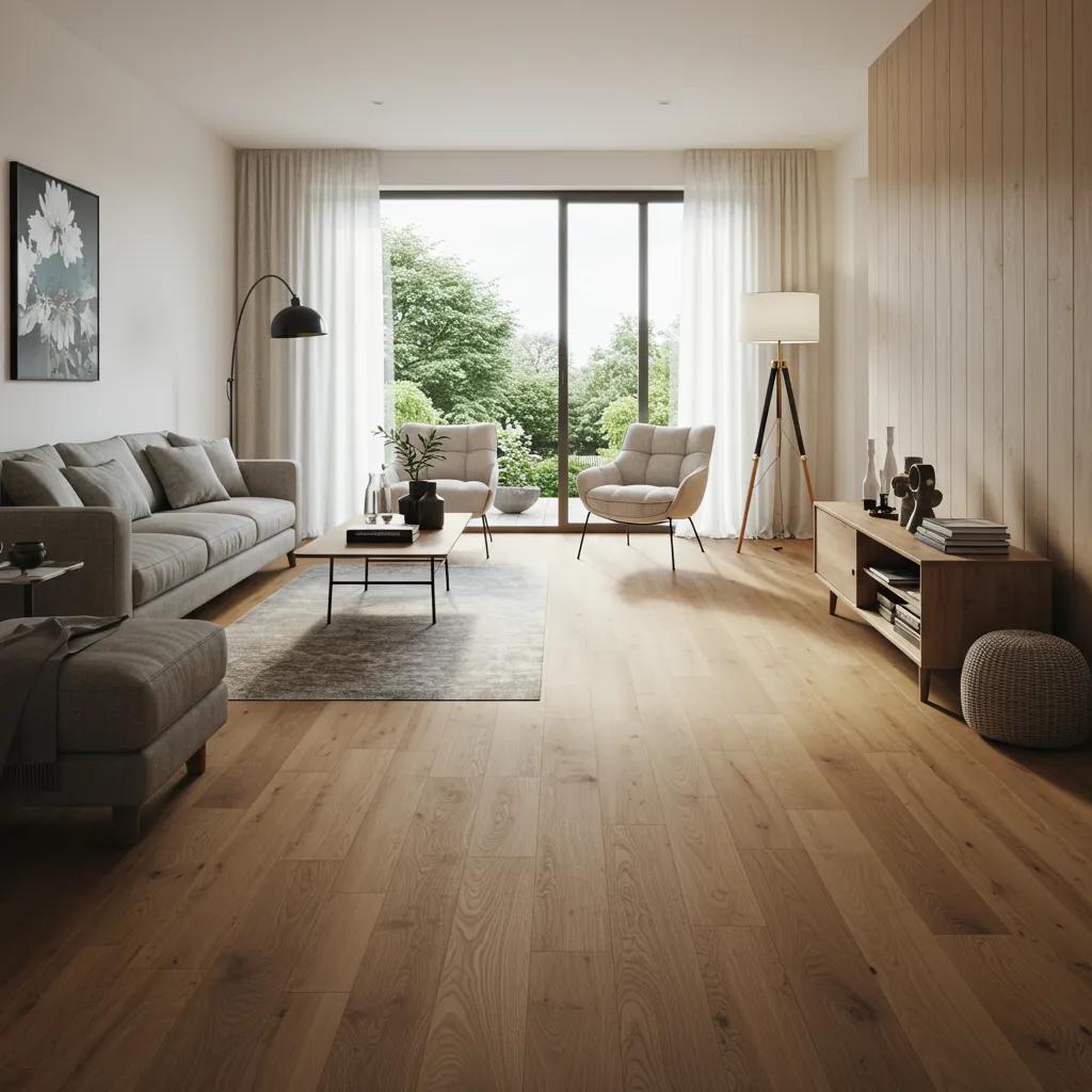 Elegant living room with oak timber flooring, showcasing modern decor and natural light