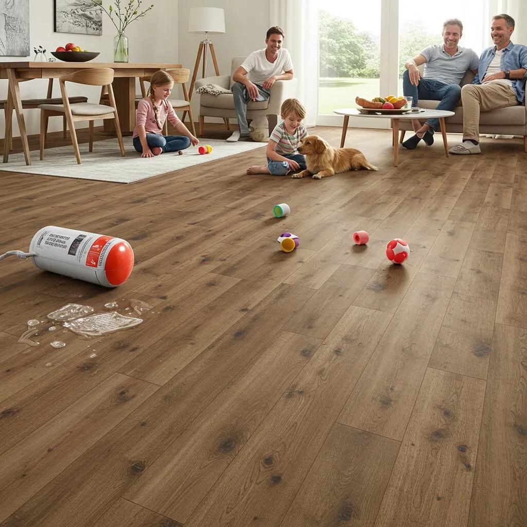 Family enjoying a cozy living space with hybrid flooring, illustrating its durability and waterproof benefits