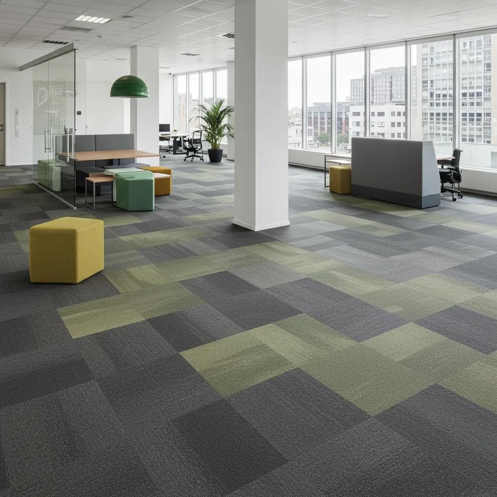 Modular carpet tiles in a modern office showcasing design flexibility and ease of maintenance