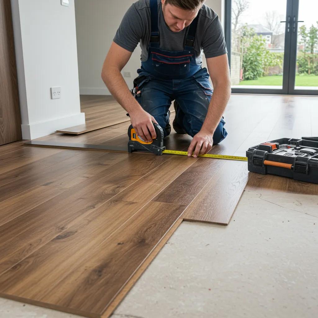 Professional installer measuring and cutting hybrid flooring planks, demonstrating the installation process and attention to detail