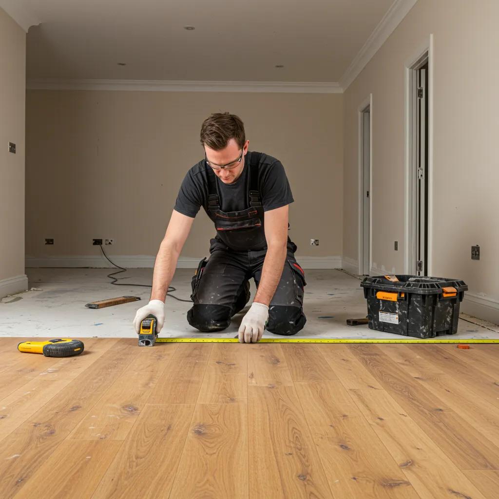 Professional installer preparing subfloor for oak timber flooring installation