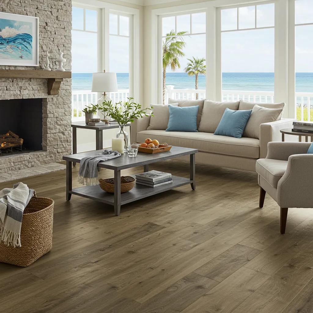 Stylish living room with hybrid flooring showcasing natural wood appearance, emphasizing coastal design elements