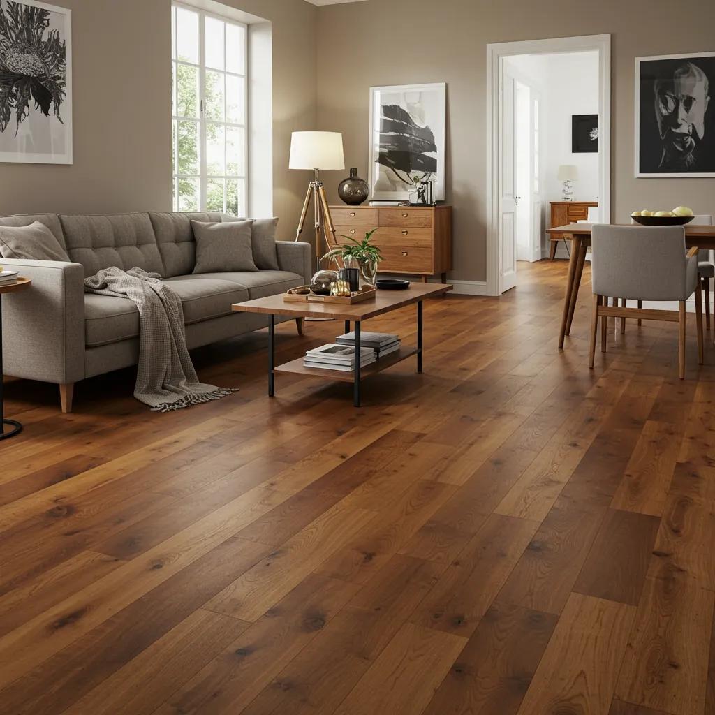 Stylish living room with timber flooring, showcasing natural light and elegant decor