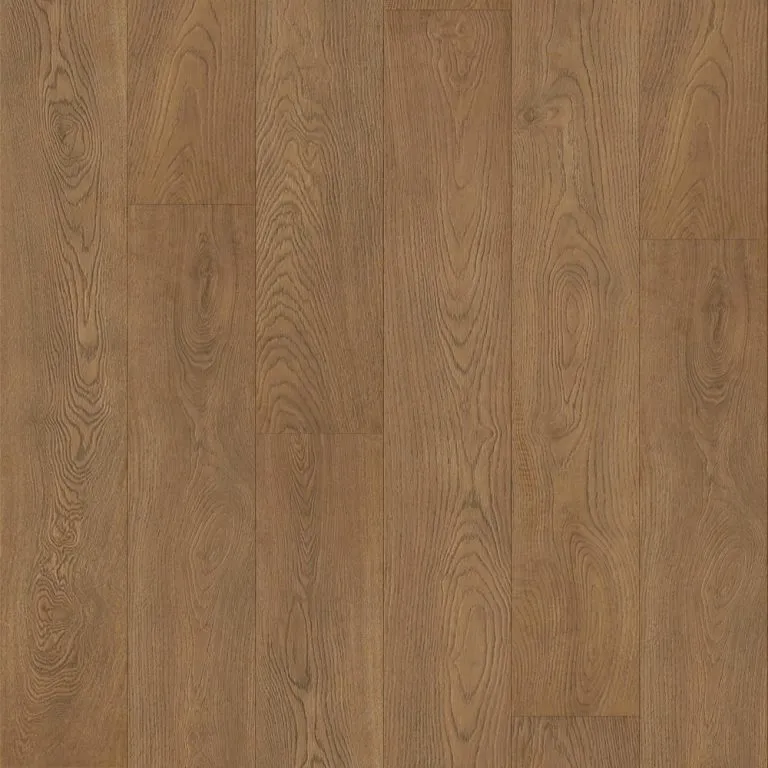 Warm Oak laminate flooring from Royal Procore collection, featuring realistic wood grain texture and rich brown hues, ideal for residential and commercial spaces.