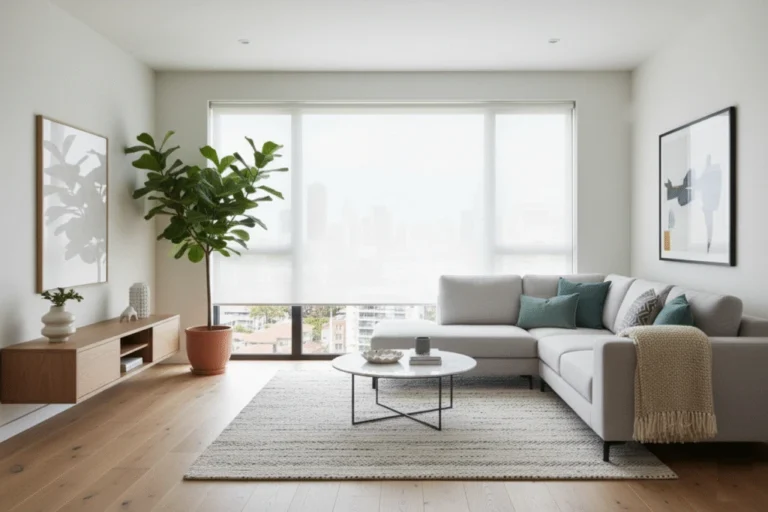 Modern living room featuring a grey sectional sofa, decorative cushions, a round coffee table, and sheer window blinds, complemented by a potted plant and artwork, showcasing stylish home decor options.
