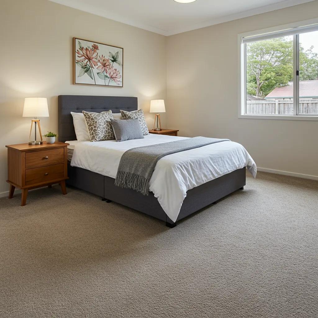 Cozy bedroom featuring soft residential carpet, a stylish bed with decorative pillows, bedside tables with lamps, and a window allowing natural light, enhancing warmth and comfort in the space.