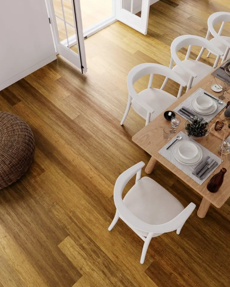 Australiana bamboo flooring in a residential dining room, featuring a warm, earthy tone and modern furniture setting.
