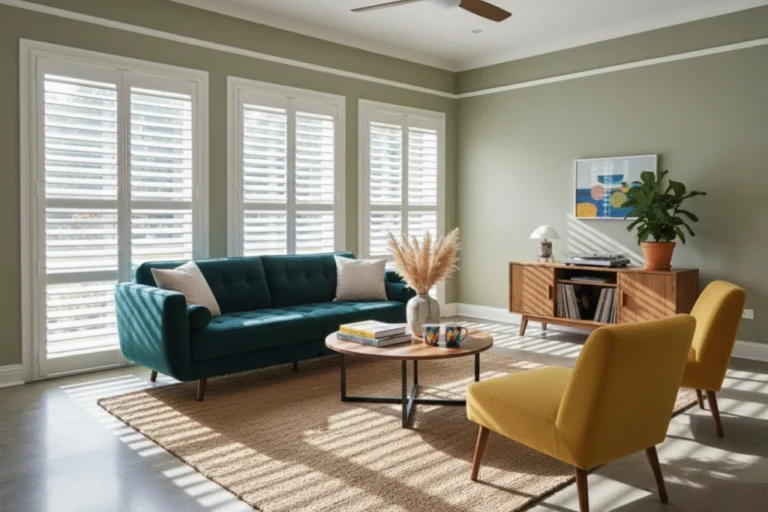 Modern living room featuring custom-made plantation shutters, green walls, teal sofa, yellow armchairs, round coffee table, and natural light.