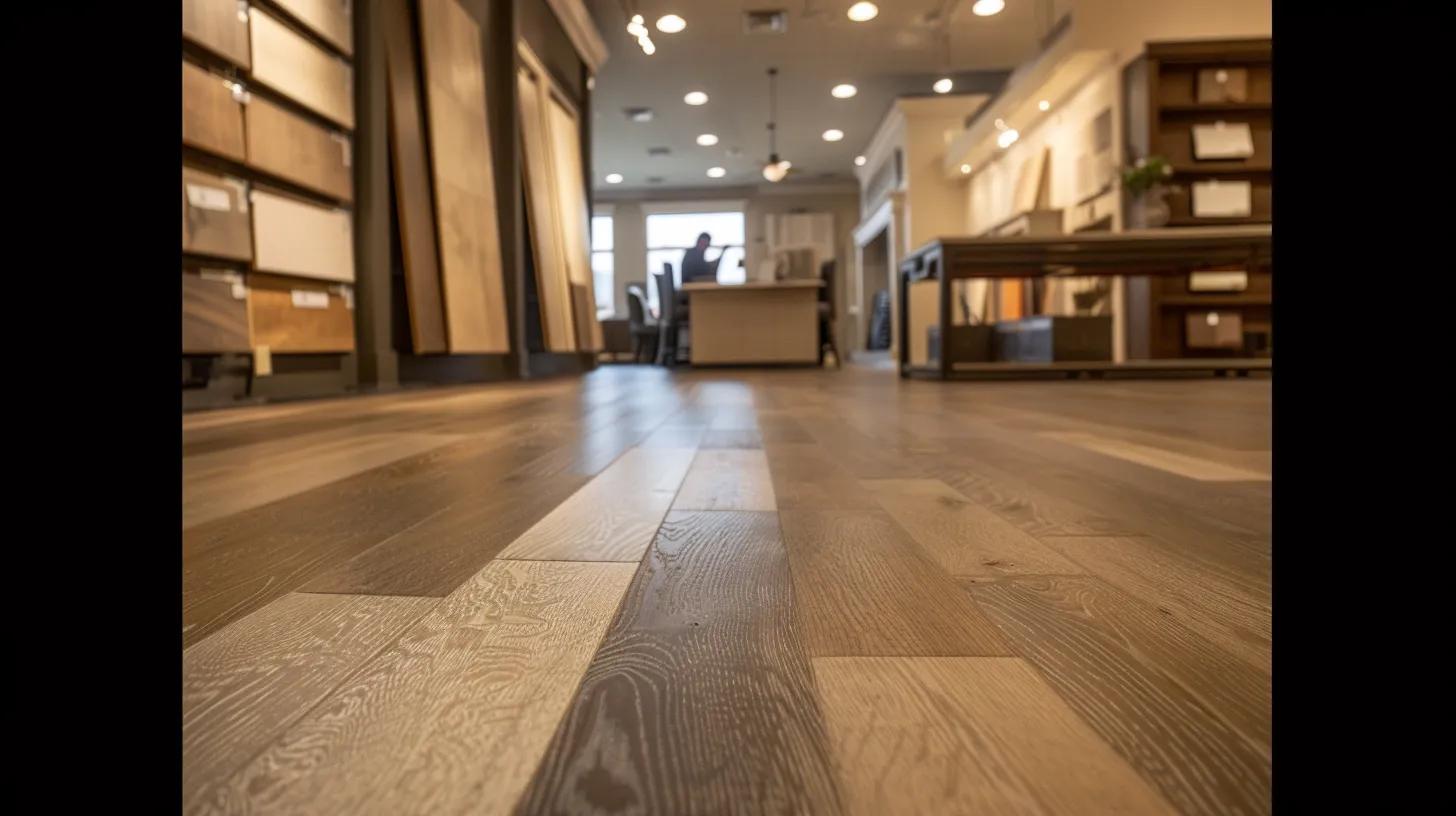a professional and inviting flooring showroom, showcasing a variety of elegant, textured floor samples under soft, focused lighting, with knowledgeable local flooring experts engaging confidently with homeowners in the background