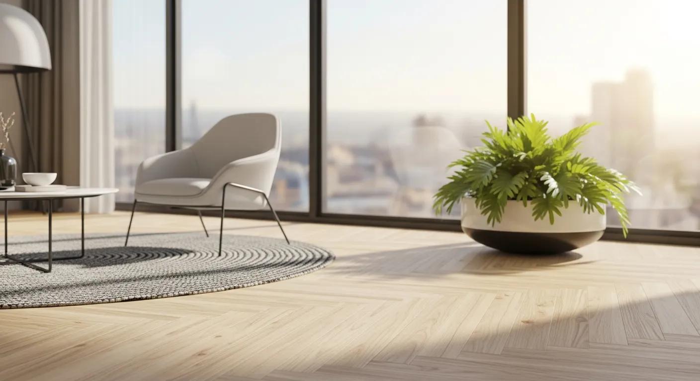 Modern living room featuring stylish hybrid flooring, comfortable chair, round coffee table, and decorative plant, with large windows showcasing a bright Sydney skyline.