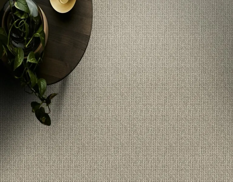 Textured wool carpet in Cashmere color, showcasing a unique loop design, complementing a modern interior with a plant and decorative bowl.