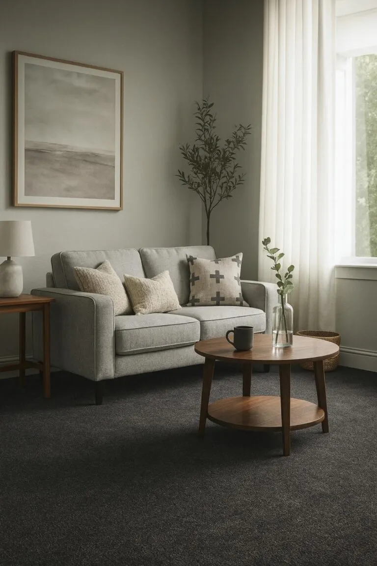 Living room featuring Ashton Cala carpet in a modern setting with a light gray sofa, decorative pillows, a wooden coffee table, and natural light from large windows.