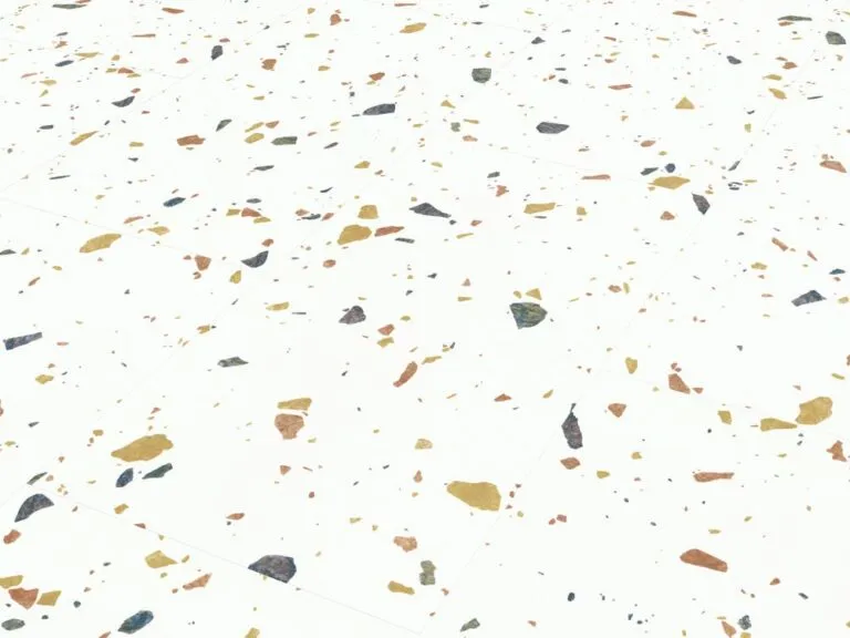 Salute Blanco Opus Tile featuring a white base with colorful speckles of gold, blue, and brown, ideal for modern flooring solutions in residential and commercial spaces.